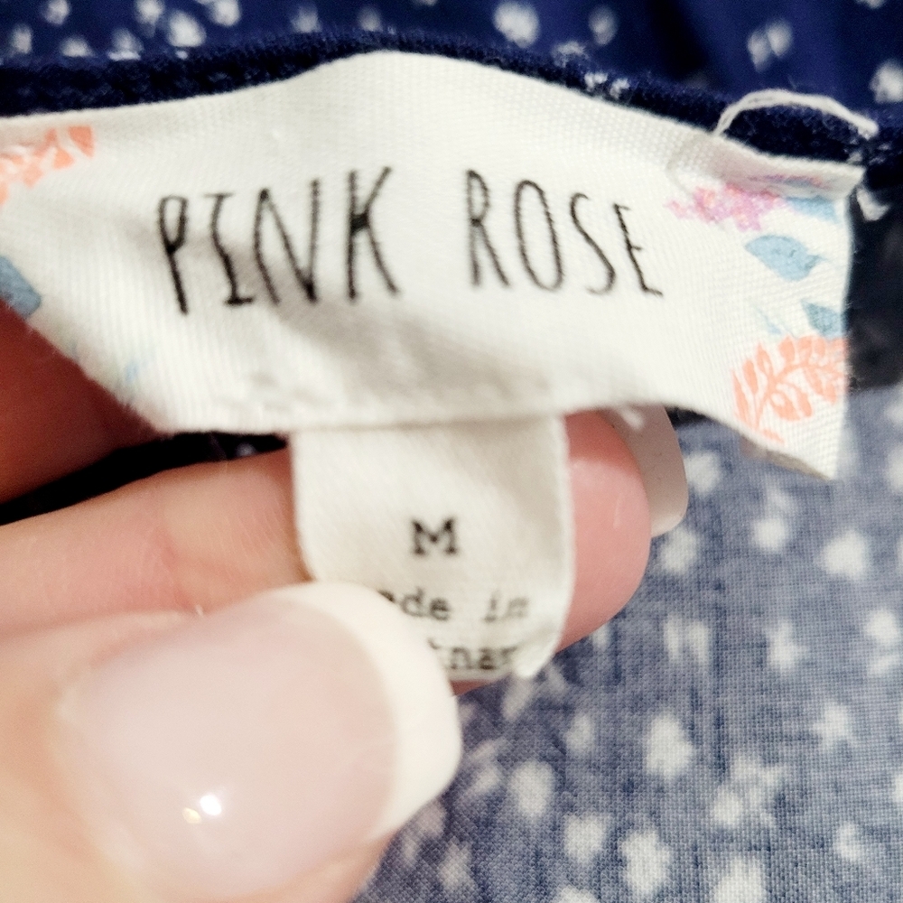Pink Rose Navy Blue Floral Ruffle Hem Mini Dress Size Medium Boho Summer Tank - Picture 7 of 11